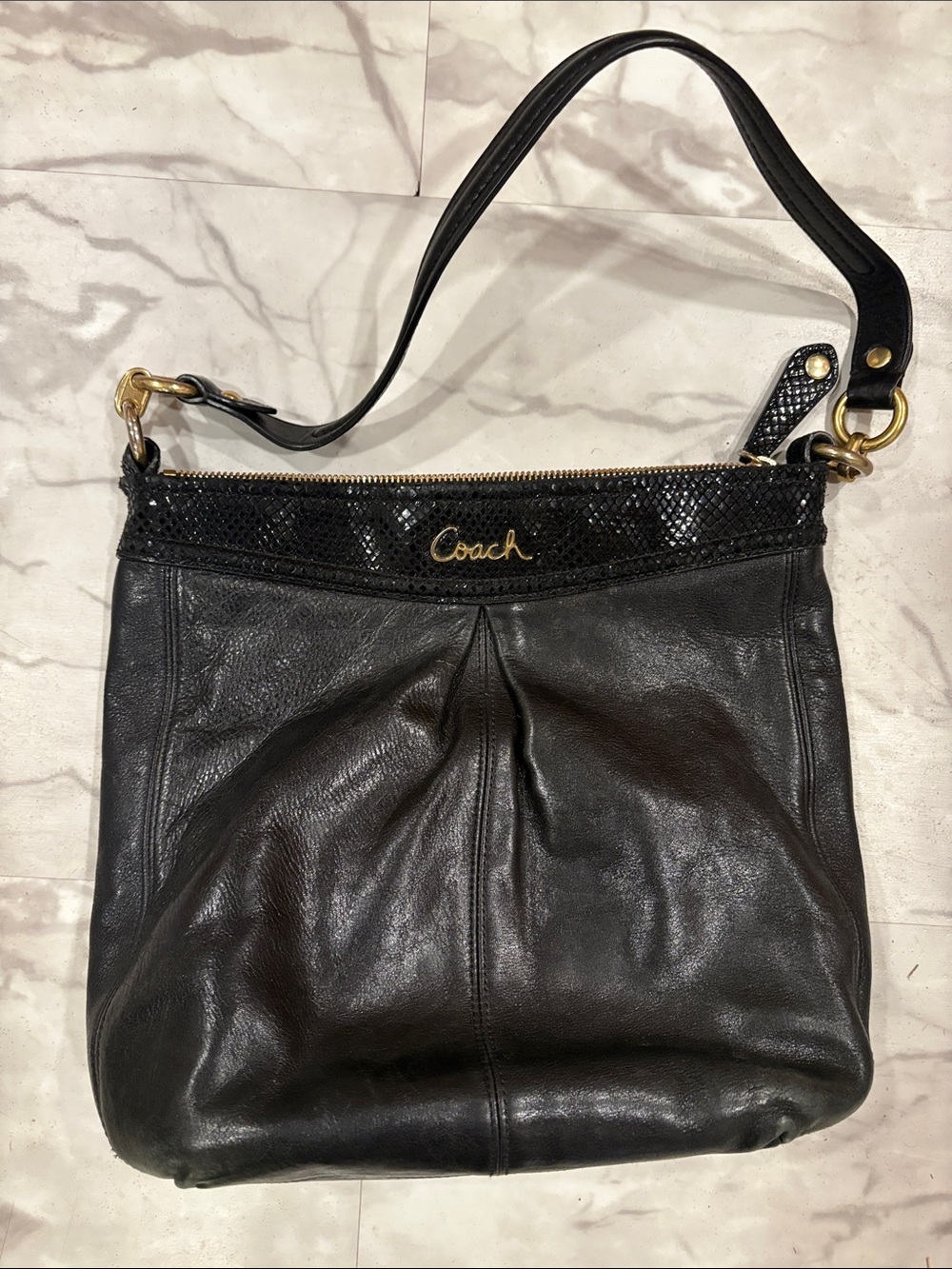 Coach Black Leather Shoulder Bag with Gold-Tone Accents
